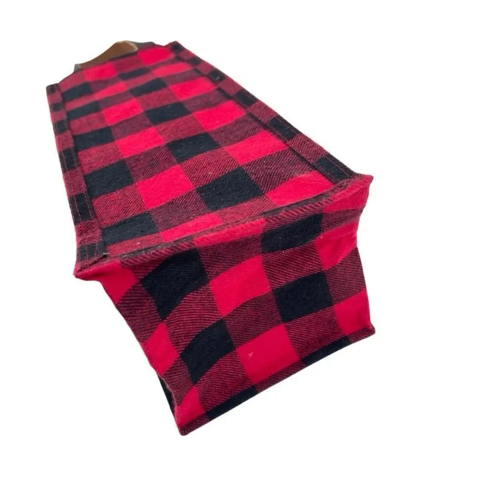 Farmhouse Buffalo Check Flannel Wine Bottle Gift Tote Faux Leather Handle